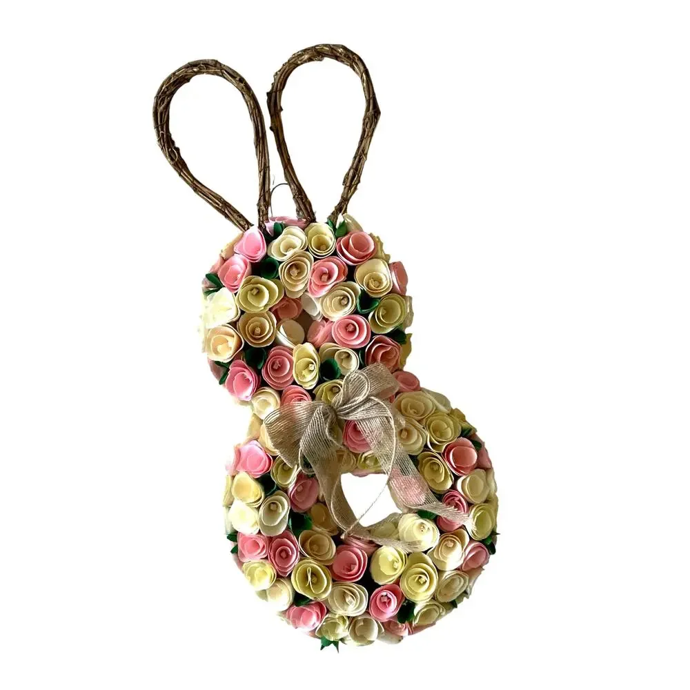 Bunny Shaped Wood Curl Floral Wreath 24in Pink & Yellow Easter Spring Decor NEW